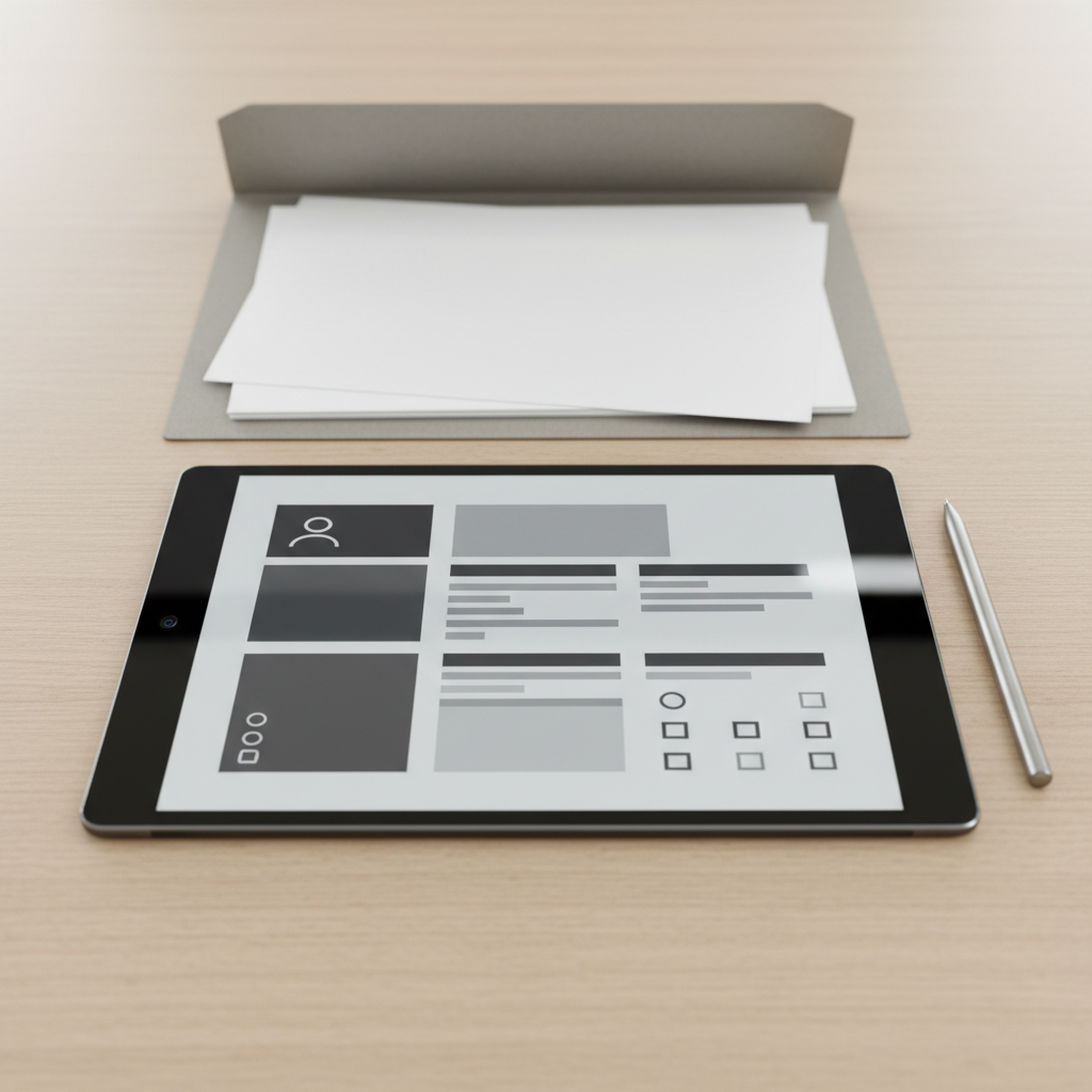 A close-up of a polished black tablet lying flat on a light oak table, its screen showing a structured, text-free interface that suggests a resumé layout using shaded blocks and icons instead of words. A thin, metallic stylus rests diagonally across one corner, catching a narrow highlight from overhead lighting. Behind the tablet, an open folder with neatly stacked, unmarked white pages hints at printed documents. The environment is a bright, minimalist office with soft, even lighting that avoids harsh shadows. Captured from an overhead, top-down perspective with sharp focus across the frame in photographic realism, the composition feels precise, organized, and professional, perfect for a resumé or about-page visual.