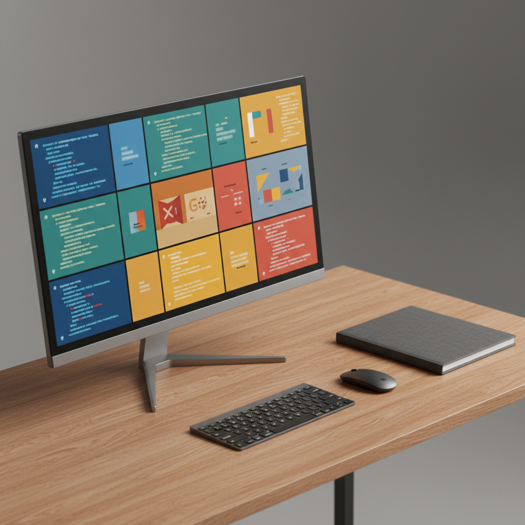 A neatly organized workspace featuring a single high-resolution monitor on a thin metal stand, displaying a mosaic of colorful project tiles and code blocks with abstract, unreadable symbols instead of text. A wireless keyboard and mouse rest on a warm wood desk with a fine grain pattern, next to a closed, charcoal-gray portfolio folder. Soft studio lighting from the left creates clean, defined highlights on the monitor frame and desk surface, while the background fades into a gentle blur of neutral gray. Shot from a slightly elevated three-quarter angle in crisp photographic realism, the image projects a professional, meticulous atmosphere suitable for showcasing a curated set of portfolio projects.